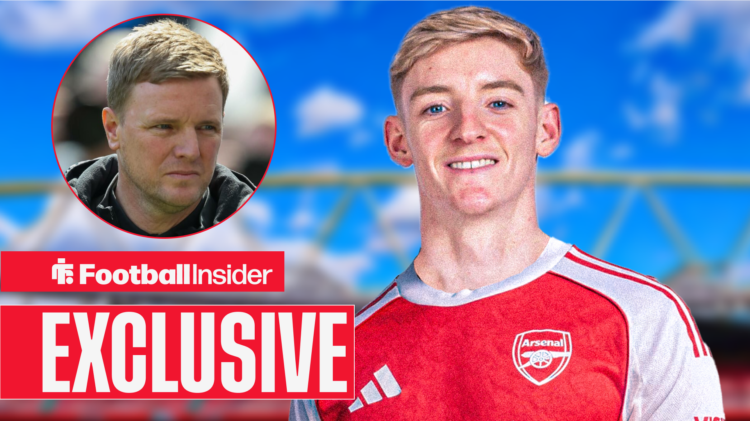 Anthony Gordon in Arsenal's home kit with Eddie Howe included in a circular inset