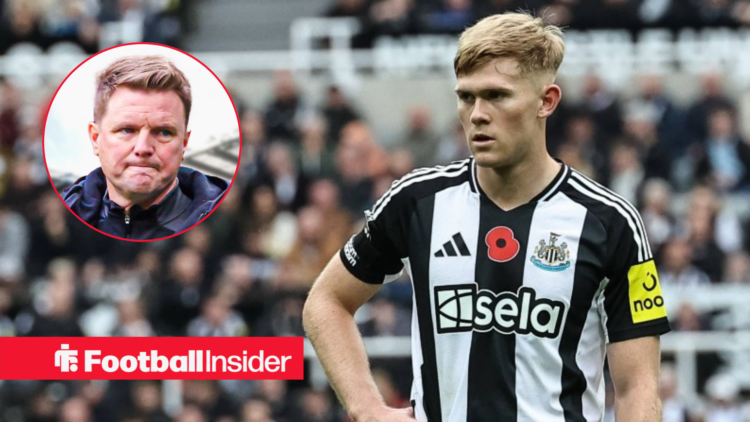 Lewis Hall in action for Newcastle with Eddie Howe in a circular inset