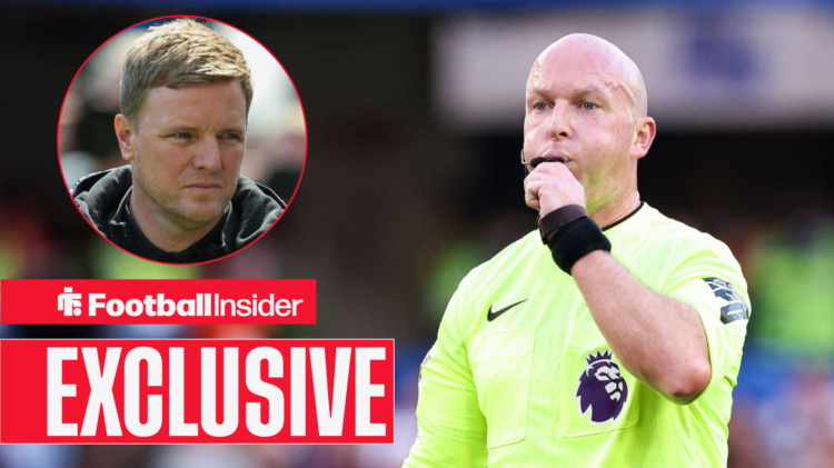 Simon Hooper refereeing a Premier League match with Eddie Howe in a circular inset