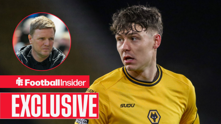 Jorgen Strand Larsen in action for Wolves with Eddie Howe included in a circular inset