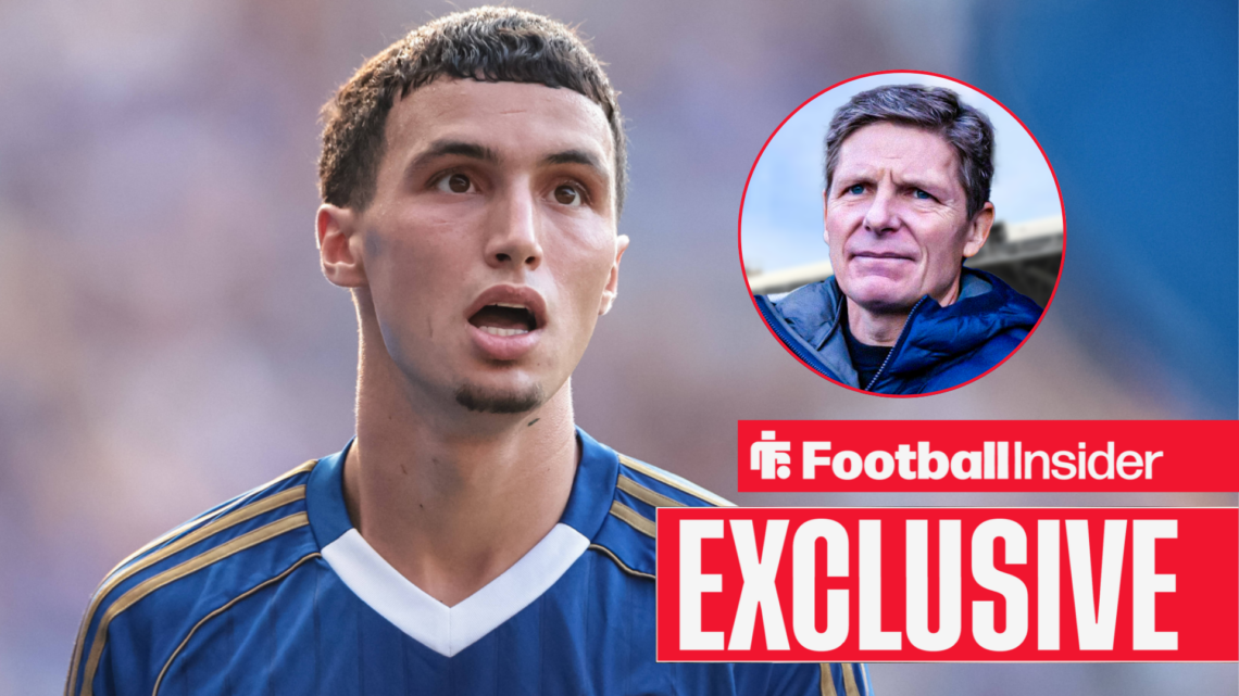 Bilal El Khannouss in action for Leicester City with Oliver Glasner in a circular inset