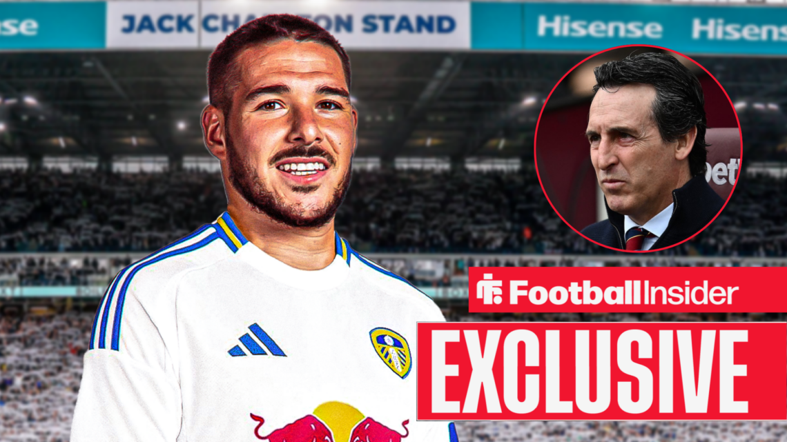 Emi Buendia in Leeds United's home kit with Unai Emery included in a circular inset