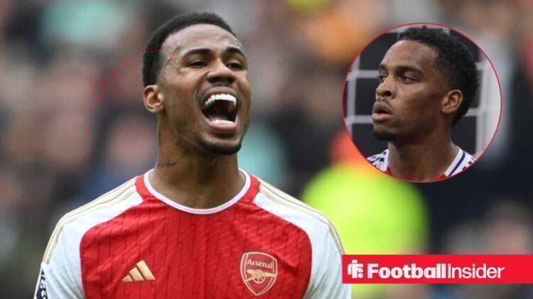 Gabriel looking shouts on the pitch with Jurrien Timber in a circular inset