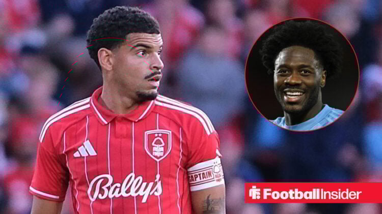 Morgan Gibbs-White in action for Nottingham Forest with Ola Aina in a circular inset