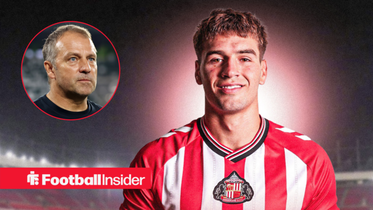 Marc Guiu in Sunderland's home shirt with Hansi Flick included in a circular inset