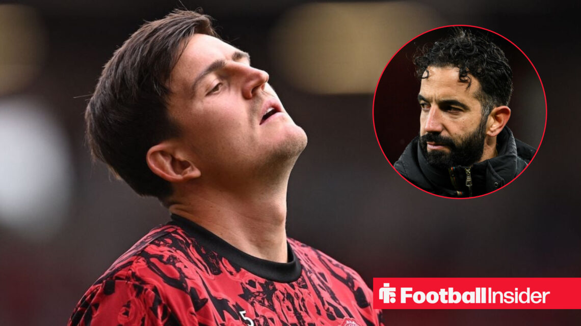 Harry Maguire looks on in disappointment with Ruben Amorim in a circular inset