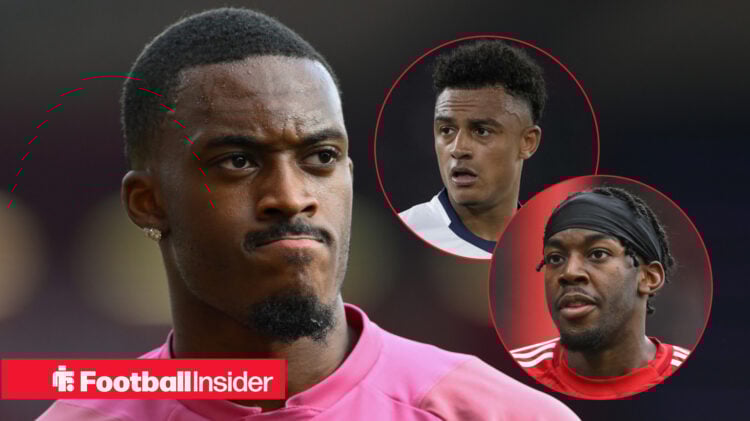 Callum Hudson-Odoi in action for Nottingham Forest with Dan Ndoye and Anthony Elanga included in circular insets
