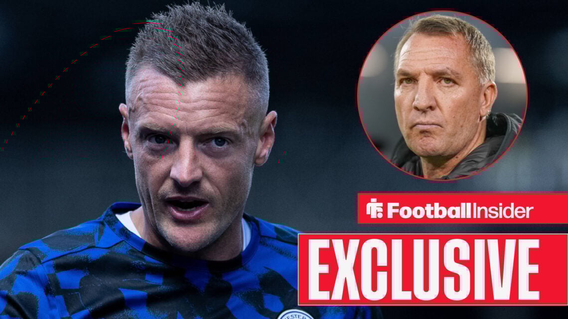 Jamie Vardy warming up for Leicester City with Brendan Rodgers in a circular inset