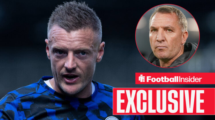 Jamie Vardy warming up for Leicester City with Brendan Rodgers in a circular inset