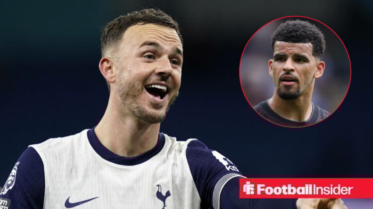 James Maddison in action for Tottenham with Dominic Solanke in a circular inset