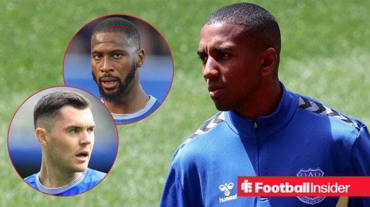 Ashley Young training while at Everton with Beto and Michael Keane included in circular insets