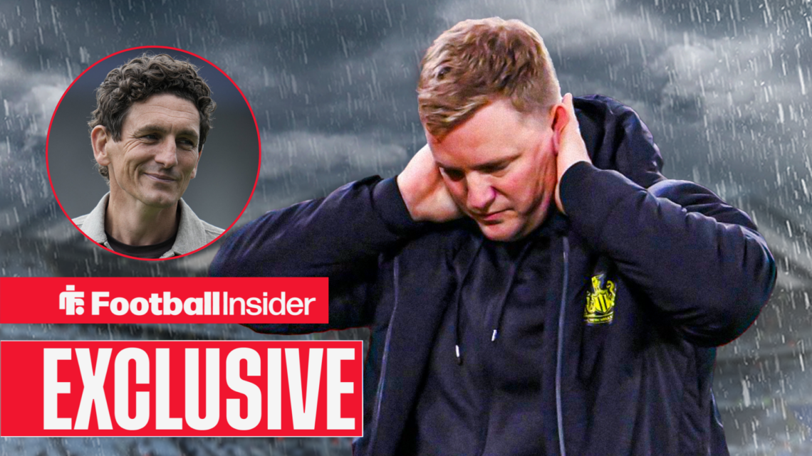 Eddie Howe with his head in his hands in the rain at St. James Park with Keith Andrews in circular inset