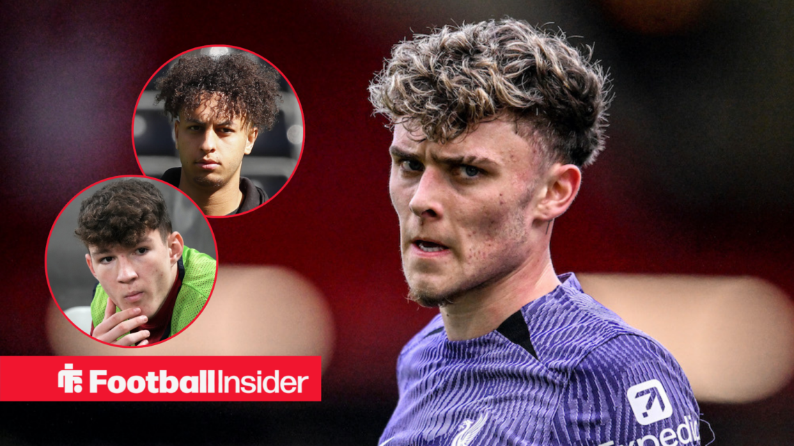 Bobby Clark in action for Liverpool with Lewis Koumas and Kaide Gordon in circular insets