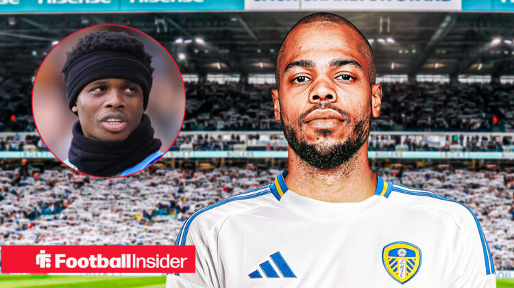 Lukas Nmecha in Leeds United's home shirt with Largie Ramazani in a circular inset