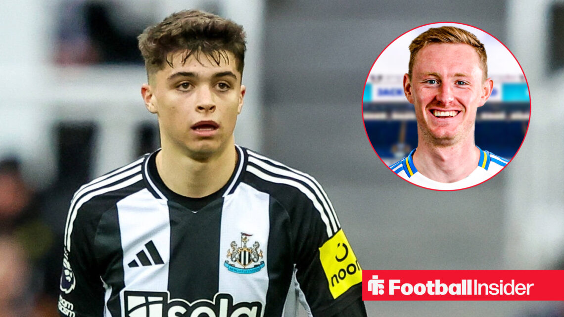 Lewis Miley in action for Newcastle with Sean Longstaff in a circular inset