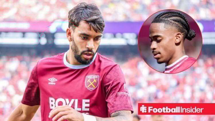 Lucas Paqueta warming up for West Ham with Crysensio Summerville in a circular inset