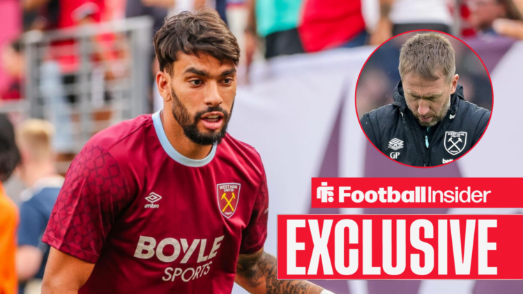 Lucas Paqueta in action for West Ham United with Graham Potter included in a circular inset