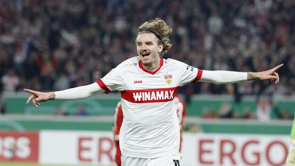 Stuttgart striker Nick Woltemade celebrating a goal