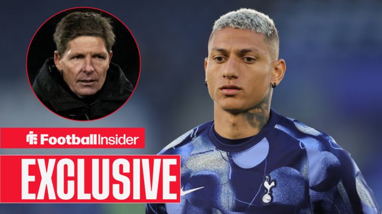 Richarlison warms up for Tottenham with Oliver Glasner in a circular inset