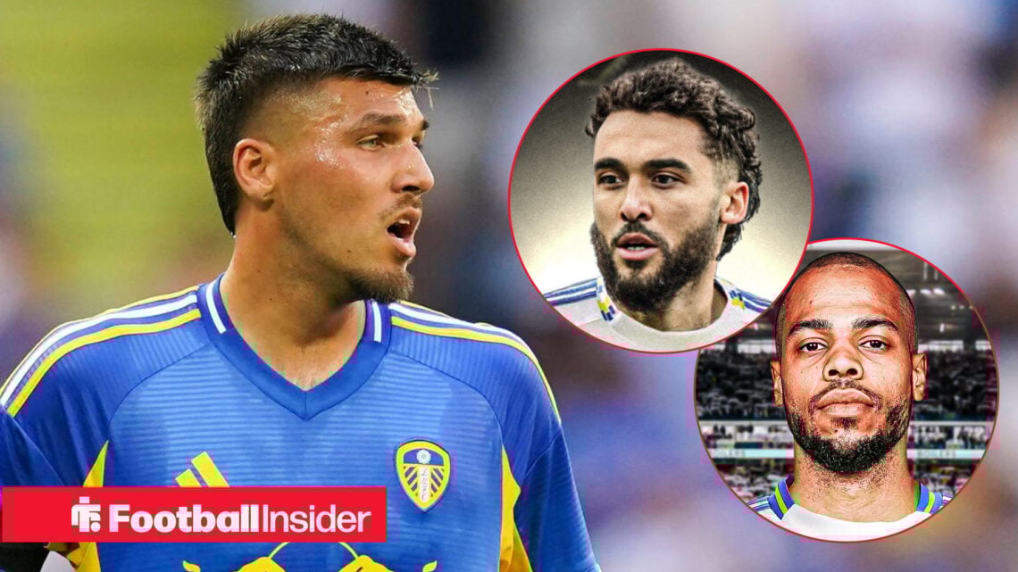 Joel Piroe in action for Leeds United with new signings Lukas Nmecha and Dominic Calvert-Lewin in circular insets