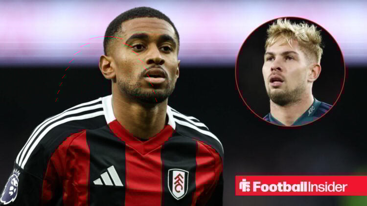 Reiss Nelson in action for Fulham with Emile Smith Rowe in a circular inset