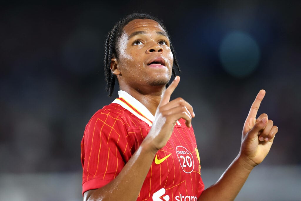Rio Ngumoha with his fingers pointing in the air for Liverpool