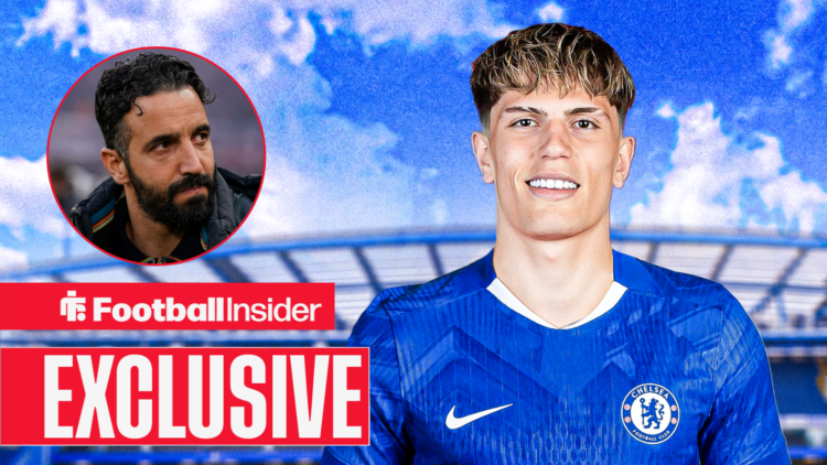 Alejandro Garnacho in a Chelsea home shirt with Ruben Amorim included in a circular inset