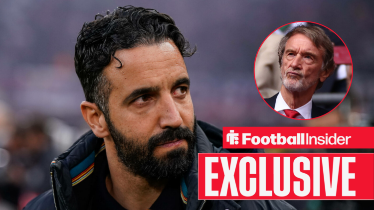 Ruben Amorim on the Man United touchline with Jim Ratcliffe in a circular inset