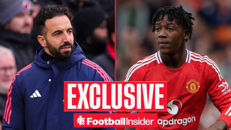 Ruben Amorim on the touchline at Old Trafford with Kobbie Mainoo in action for Man United