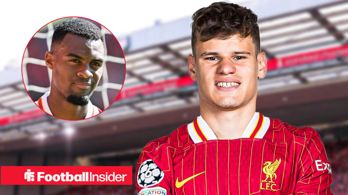 Milos Kerkez in Liverpool's home shirt with Ryan Gravenberch in a circular inset