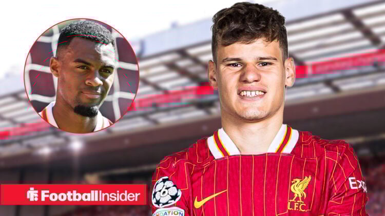 Milos Kerkez in Liverpool's home shirt with Ryan Gravenberch in a circular inset