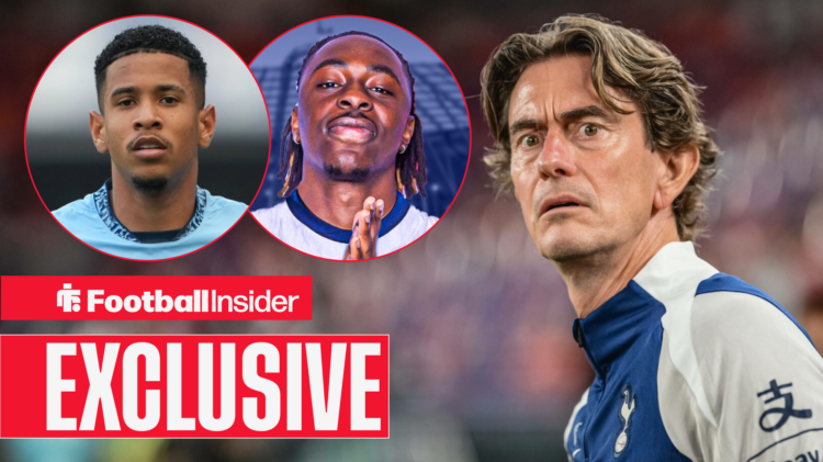 Thomas Frank on the Tottenham touchline with Savinho and Eberechi Eze in circular insets