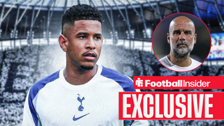 Savinho in Tottenham's home shirt with Pep Guardiola included in a circular inset