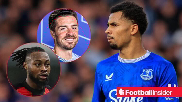 Iliman Ndiaye in action for Everton with Antoine Semenyo and Jack Grealish in circular insets