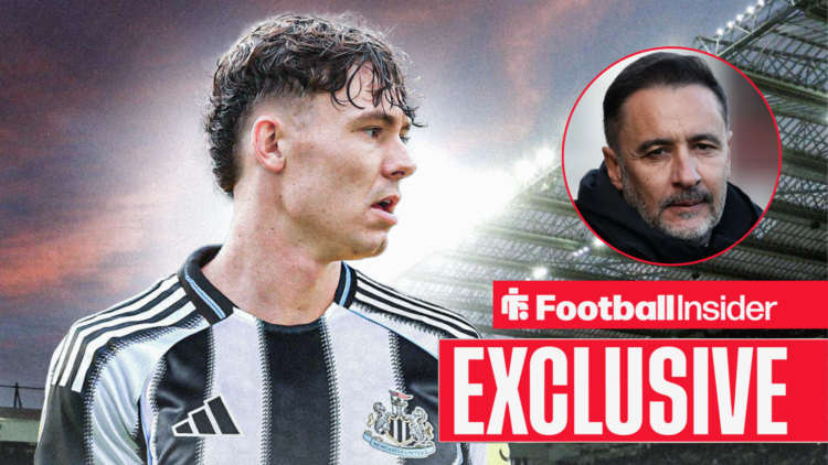 Jorgen Strand Larsen in a Newcastle home kit with Vitor Pereira included in a circular inset