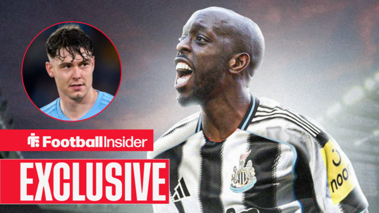 Yoane Wissa in Newcastle's home kit with Jorgen Strand Larsen in a circular inset