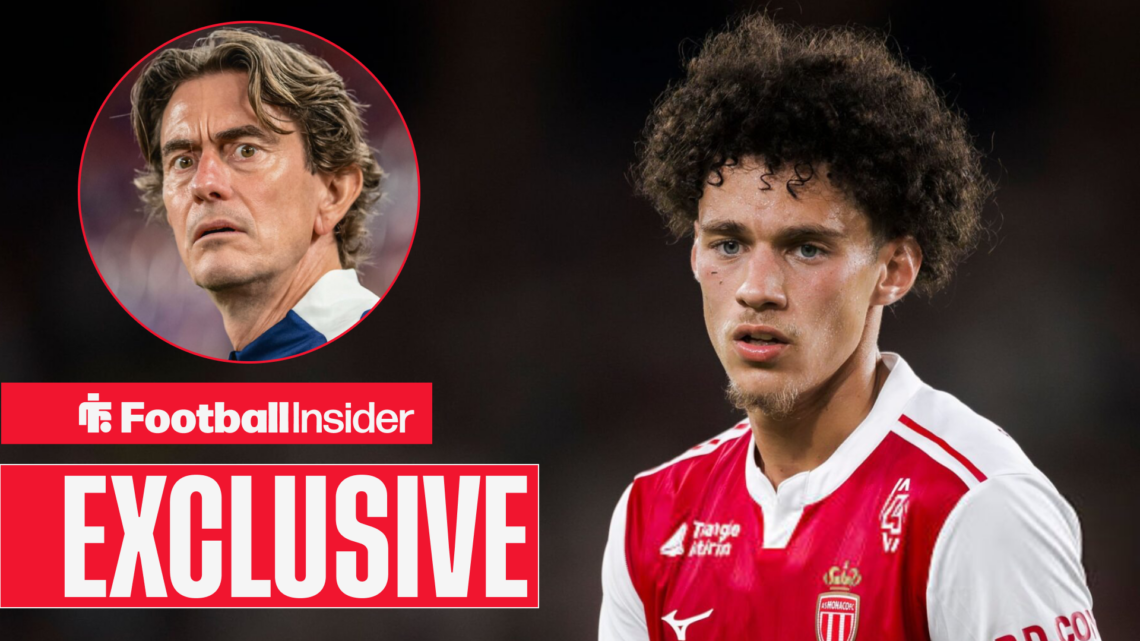 Maghnes Akliouche in action for Monaco with Thomas Frank included in a circular inset