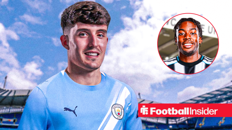 Tino Livramento in a Manchester City home kit with Anthony Elanga in a circular inset