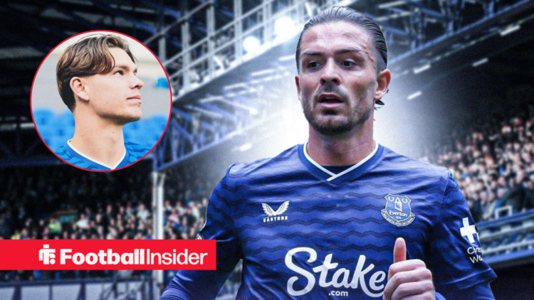 Jack Grealish in Everton's home kit with Tyler Dibling included in a circular inset