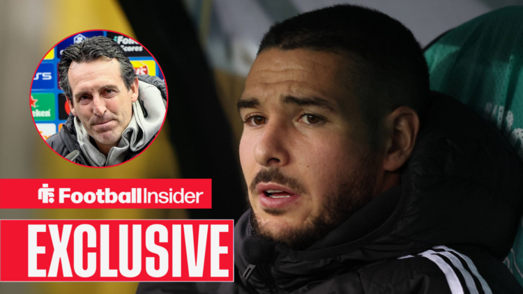 Emi Buendia sits on Aston Villa's bench with Unai Emery included in a circular inset