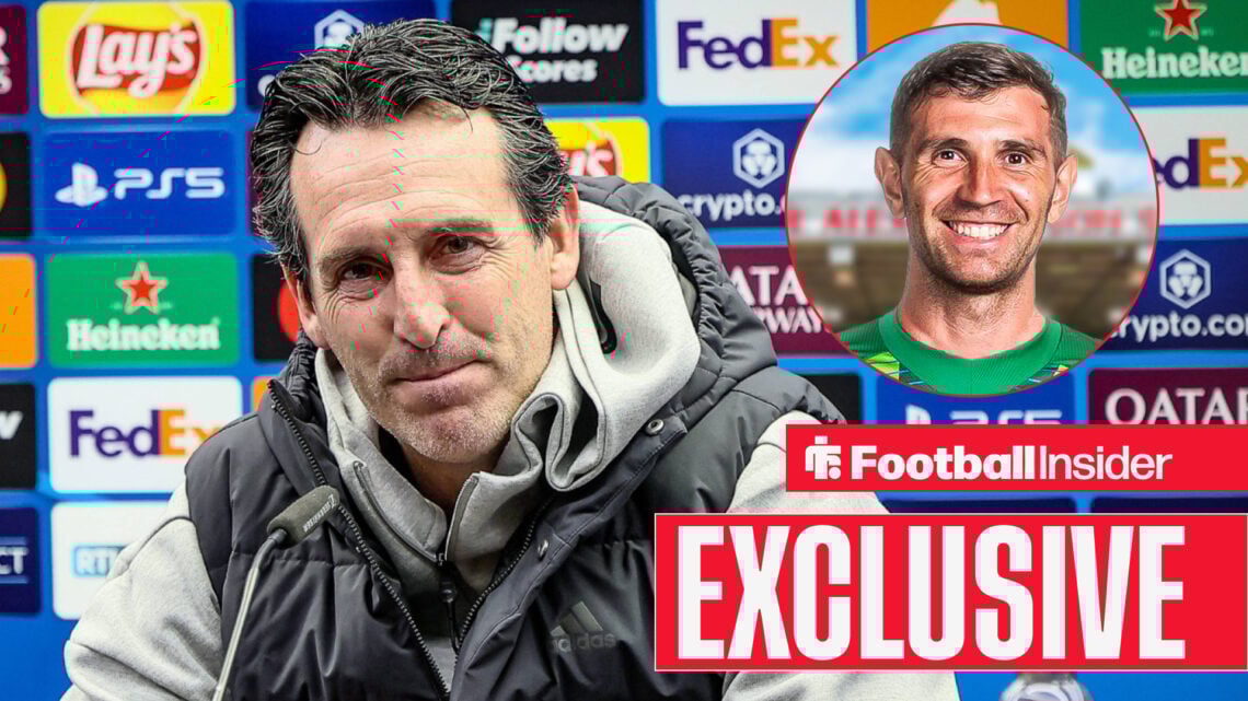 Unai Emery speaks at a press conference with Emiliano Martinez in a circular inset