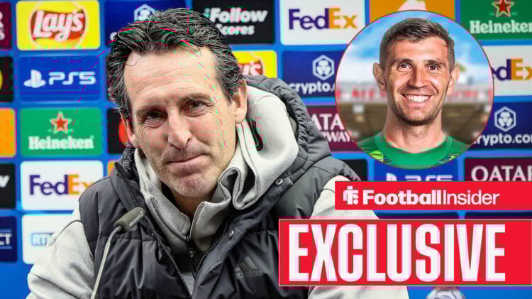 Unai Emery speaks at a press conference with Emiliano Martinez in a circular inset