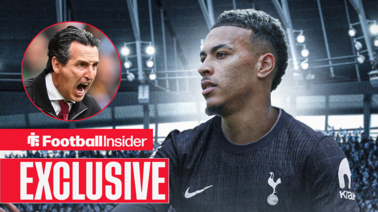 Morgan Rogers in Tottenham's away kit with Unai Emery included in a circular inset