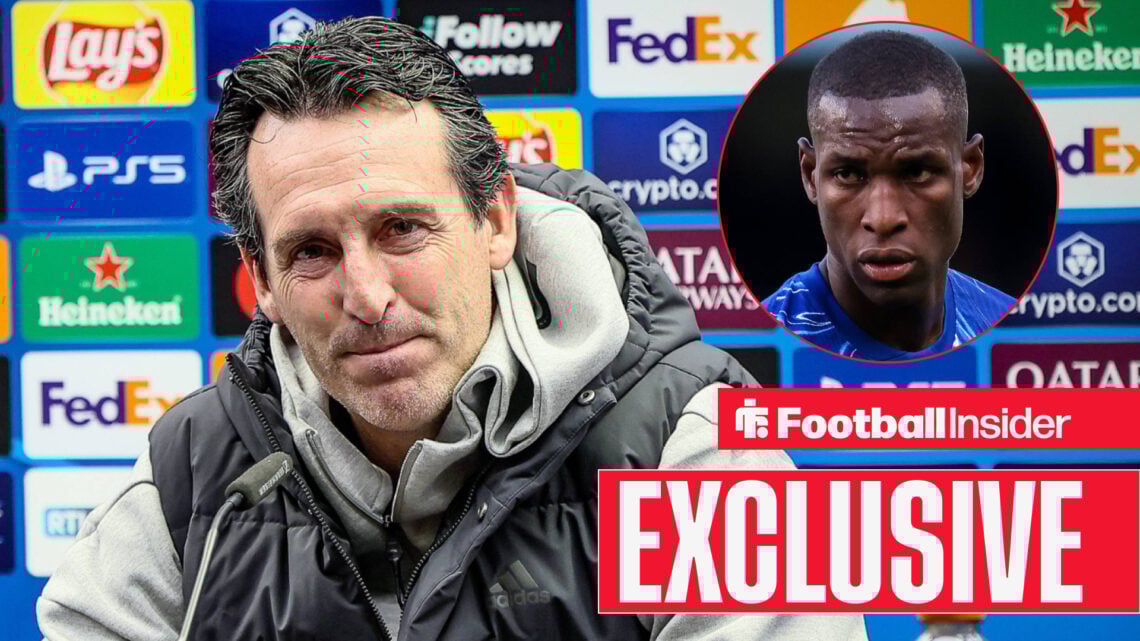 Unai Emery speaks at a press conference with Nicolas Jackson included in a circular inset