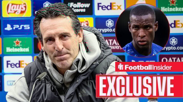 Unai Emery speaks at a press conference with Nicolas Jackson included in a circular inset