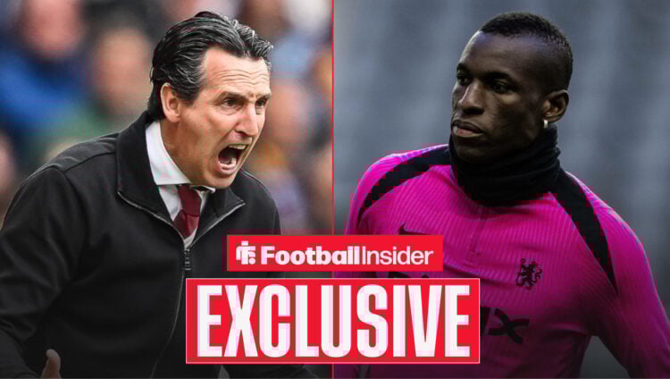 Unai Emery yelling on the touchline with Nicolas Jackson warming up for Chelsea