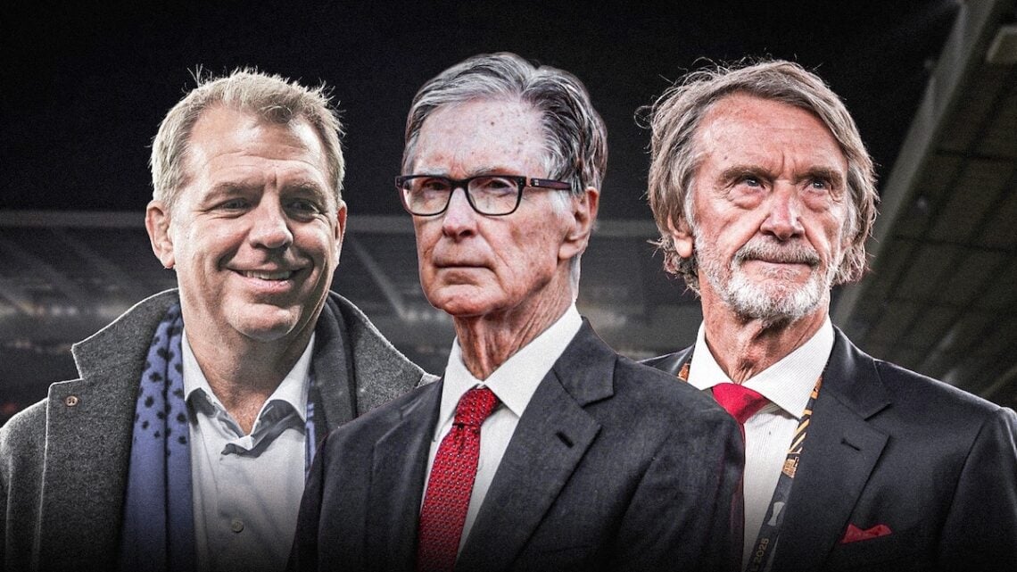Todd Boehly looking happy alongside John Henry looking focused and Sir Jim Ratcliffe looking serious