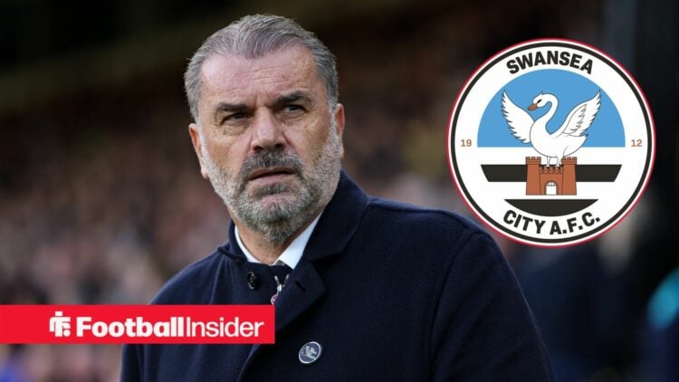 Ange Postecoglou in the technical area with Swansea City club badge inset