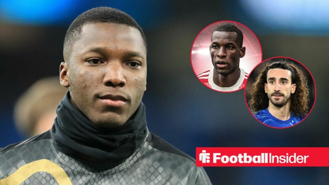 Moises Caicedo warms up for Chelsea, Nicolas Jackson and Marc Cucurella in circular insets
