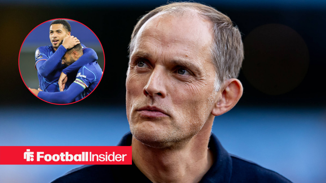 Thomas Tuchel looking deep in thought with Chelsea's Levi Colwill and Reece James embracing each other in a circular inset.